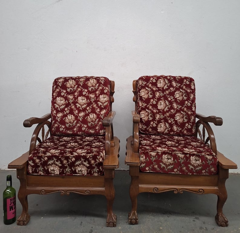 Solid Oak Wood Lounge Armchairs with Upholstered Cushions bid per piece