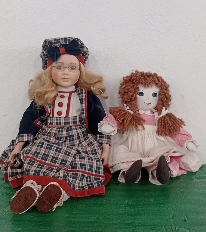 Two Decorative Vintage-Style Dolls (Porcelain & Cloth)
