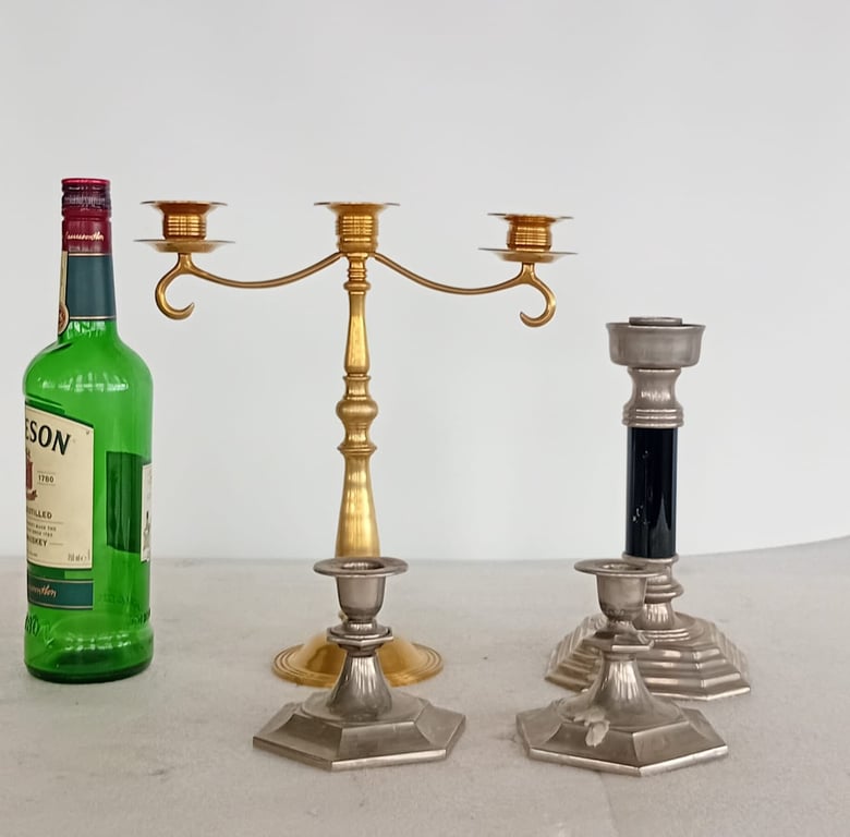 Mixed Lot – Brass 3-Arm Candelabra & Assorted Metal Candle Holders