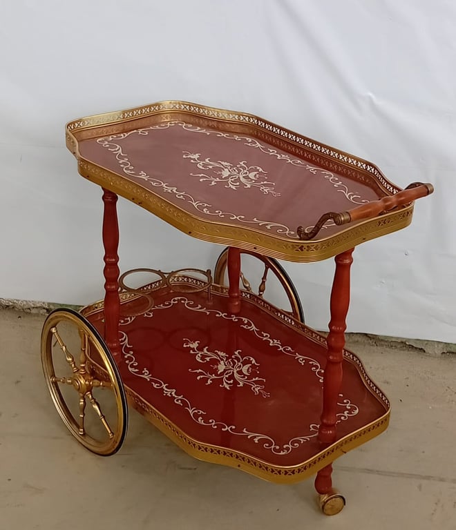 Vintage Italian Hollywood Regency style gilt metal and red lacquered wood marquetry inlay bar or tea cart