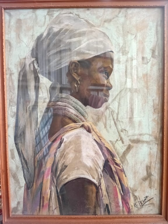 Vintage Framed Portrait Painting – Woman in Headscarf