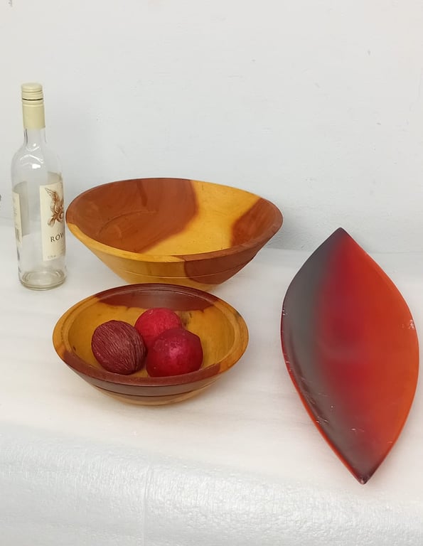 Set of Wooden and Red Ceramic Decorative Plates