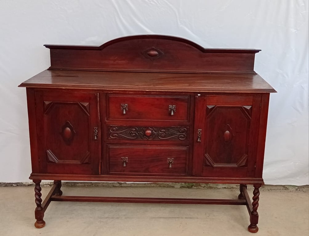 Vintage Dark Wood Sideboard with Carved Details and Barley Twist Legs
