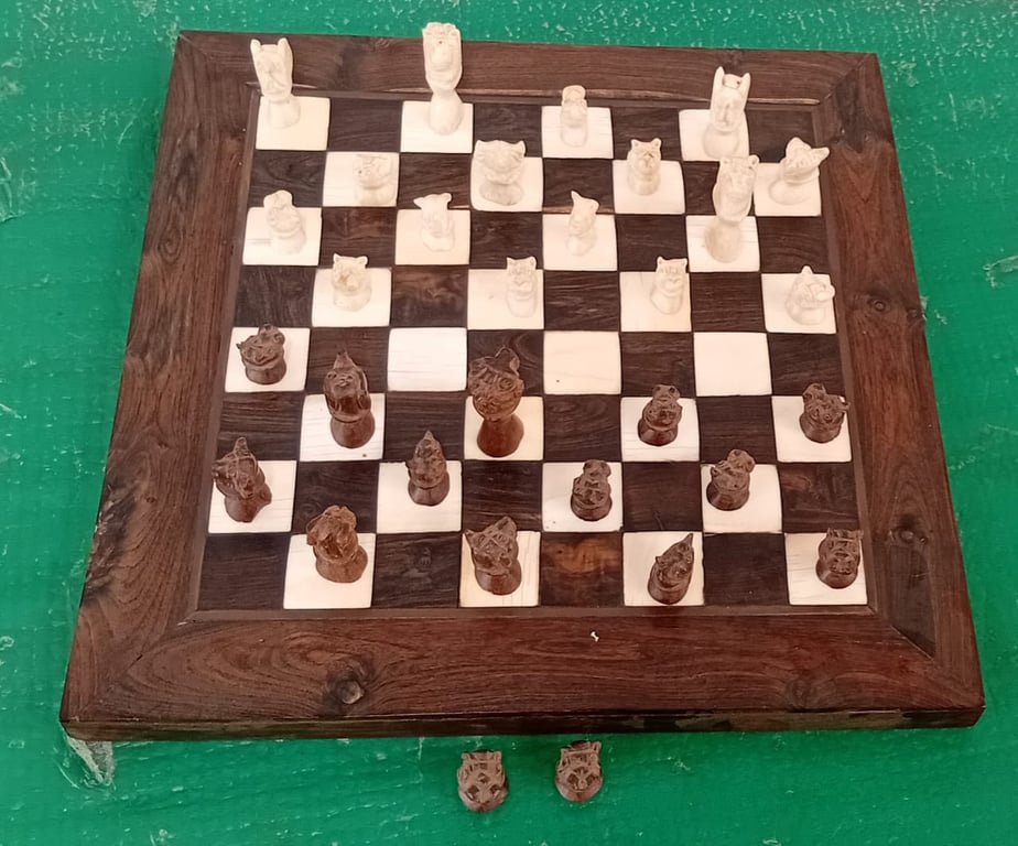 Carved wooden chess set