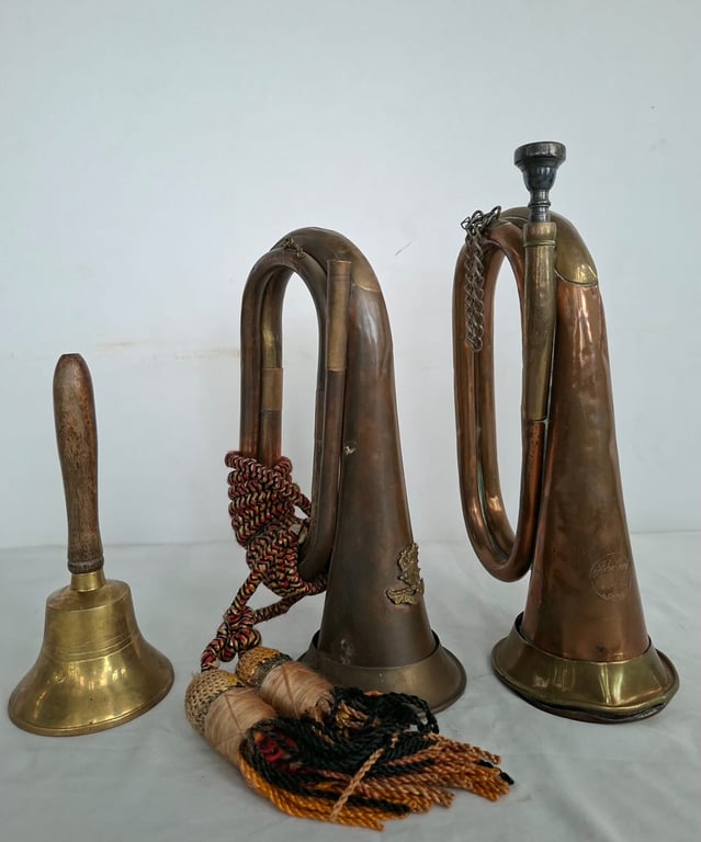 Pair of Vintage Brass Hunting Bugles with Decorative Tassel