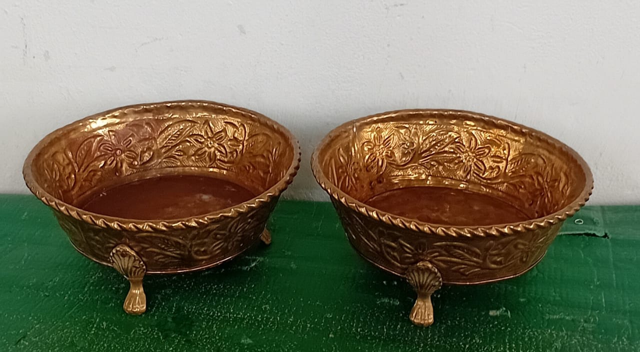 Pair of Decorative Embossed Brass Bowls on Feet