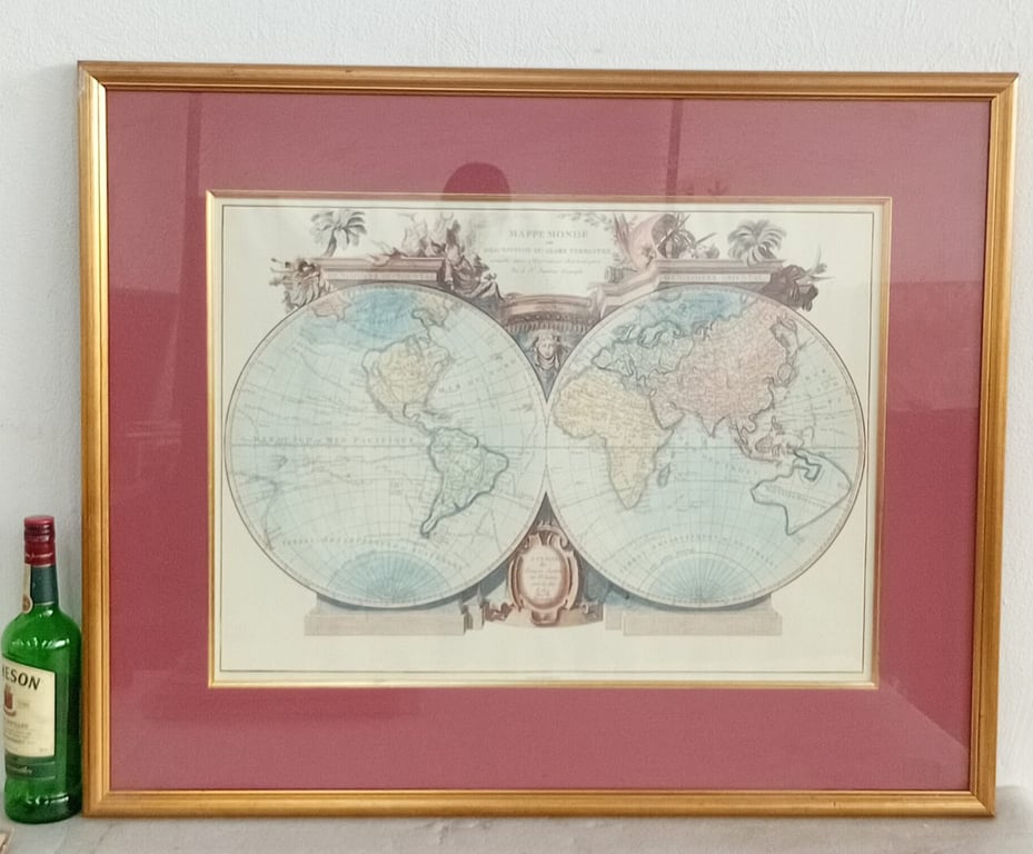 Framed Vintage World Map Print (Double Hemisphere)