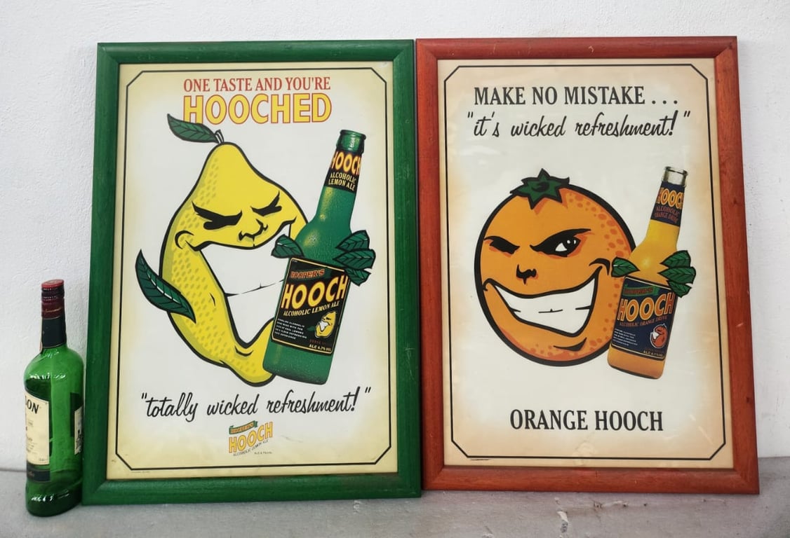 Two framed Hooper's Hooch promotional signs