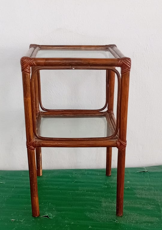 Vintage-Style Rattan & Glass Two-Tier Side Table / Nightstand