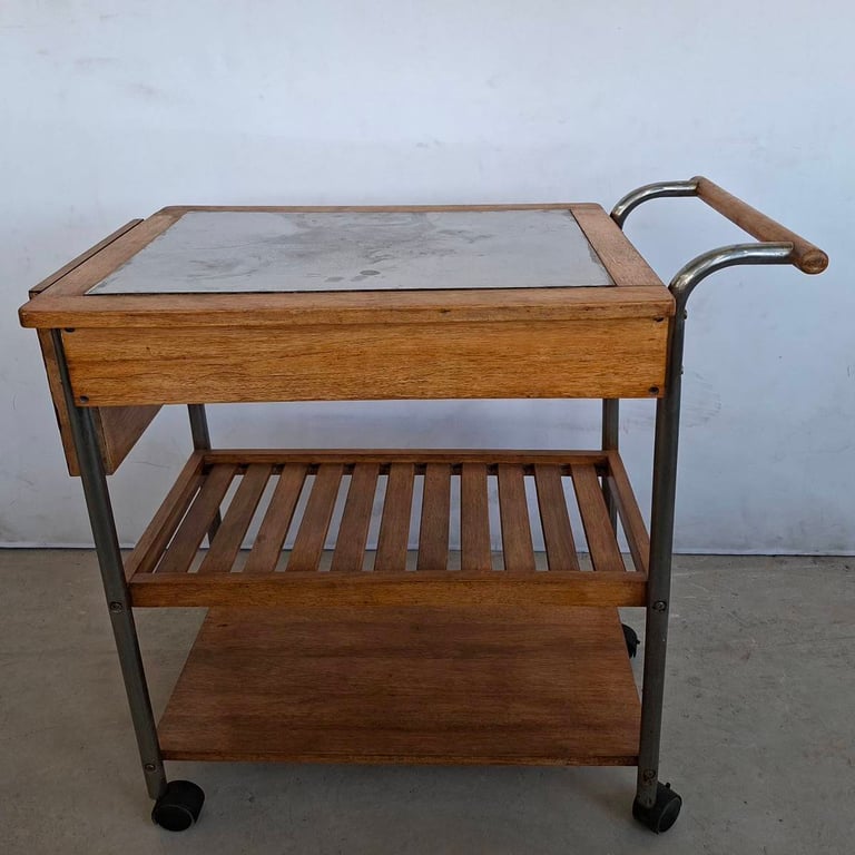 Vintage Wooden Tea Trolley / Serving Cart with Marble Top  Description: