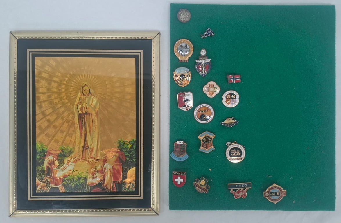 Collection of Lapel Pins and Framed Religious Picture
