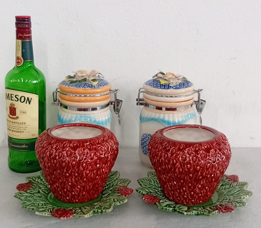 Bordallo Pinheiro like Decorative Ceramic Strawberry Bowls with Matching Lidded Storage Jars (Set)