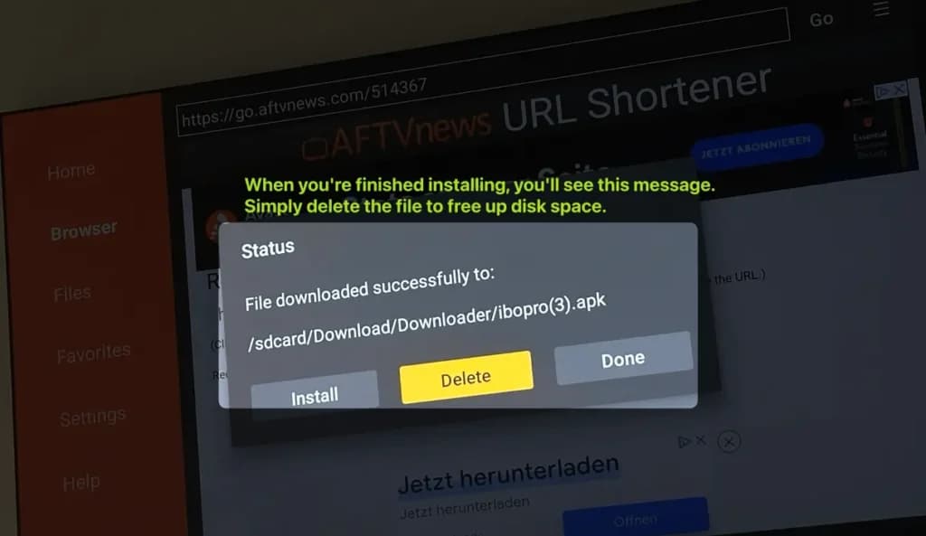 Installation completion and file deletion screens