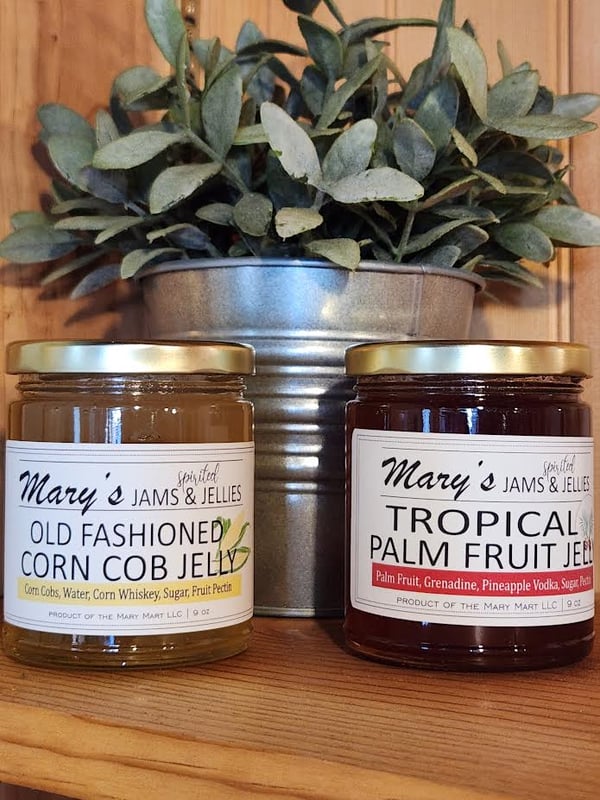 Mary's Spirited Jams & Jellies in Old Fashioned Corn Cob and Tropical Palm Fruit Flavors