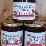 Mary's Spirited Jams & Jellies in Spicy Mater BBQ, White Chocolate Rasberry, and Strawberry Black Pepper