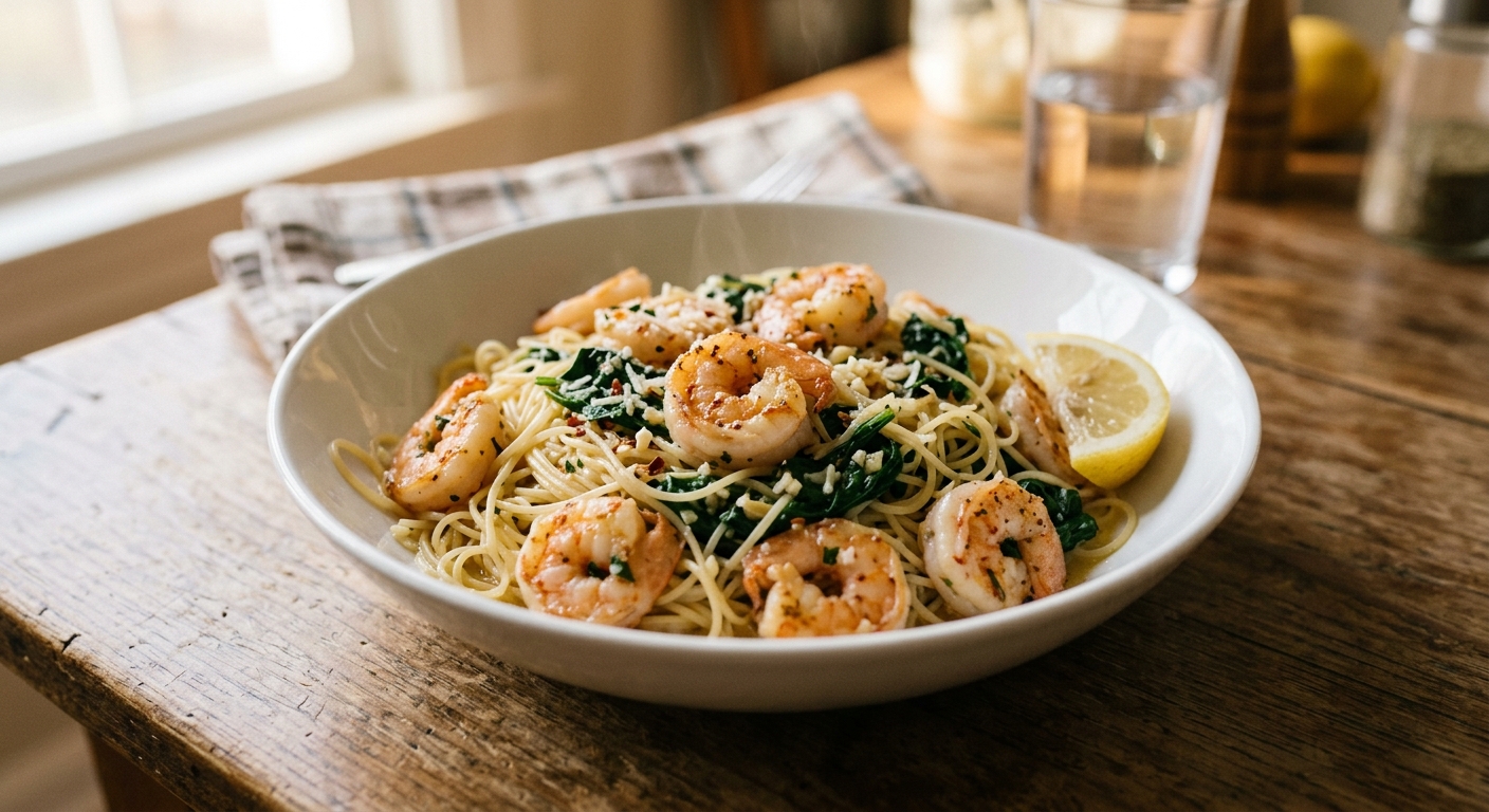 One-Pan Garlic Butter Shrimp and Spinach Pasta