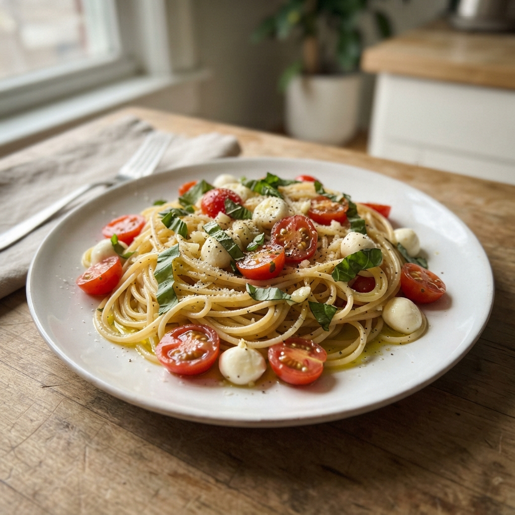 No-Cook Tomato Basil Mozzarella Pasta