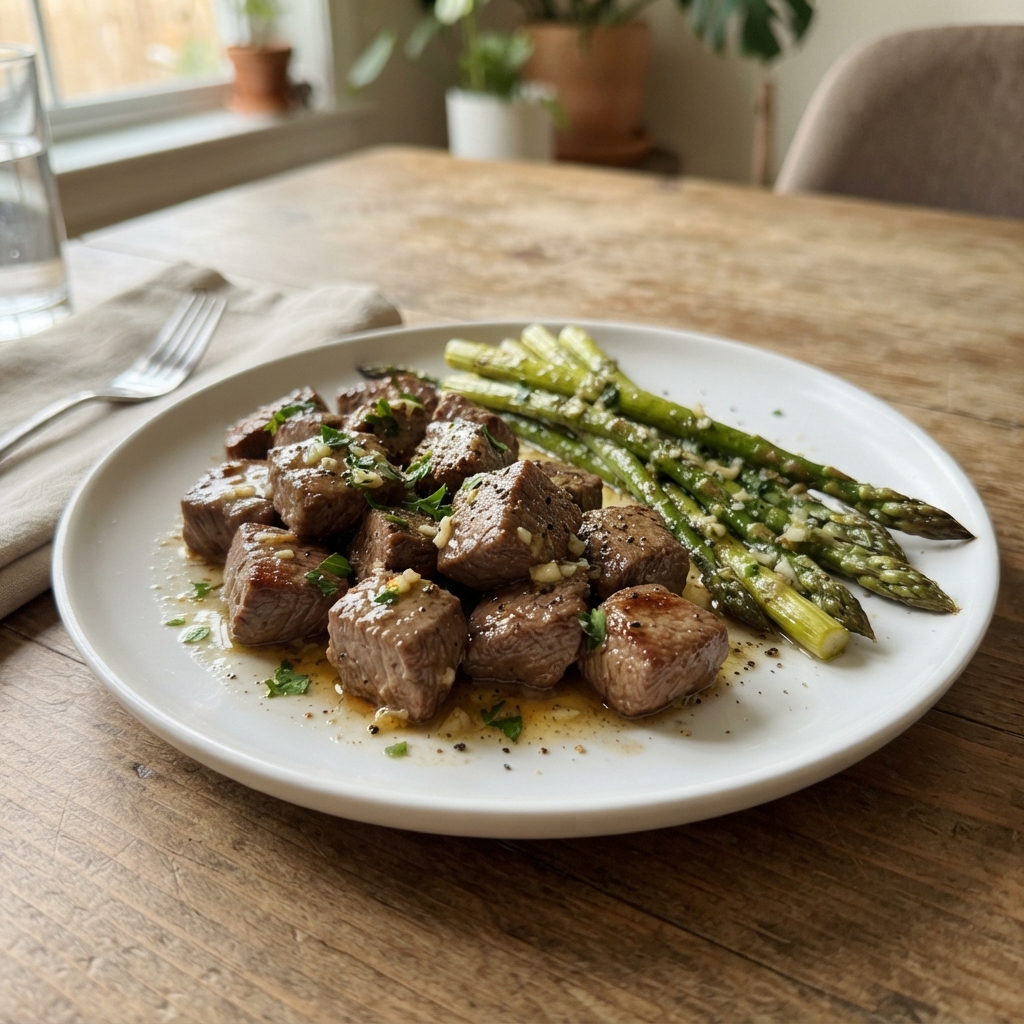 One-Pan Garlic Butter Steak Bites and Asparagus