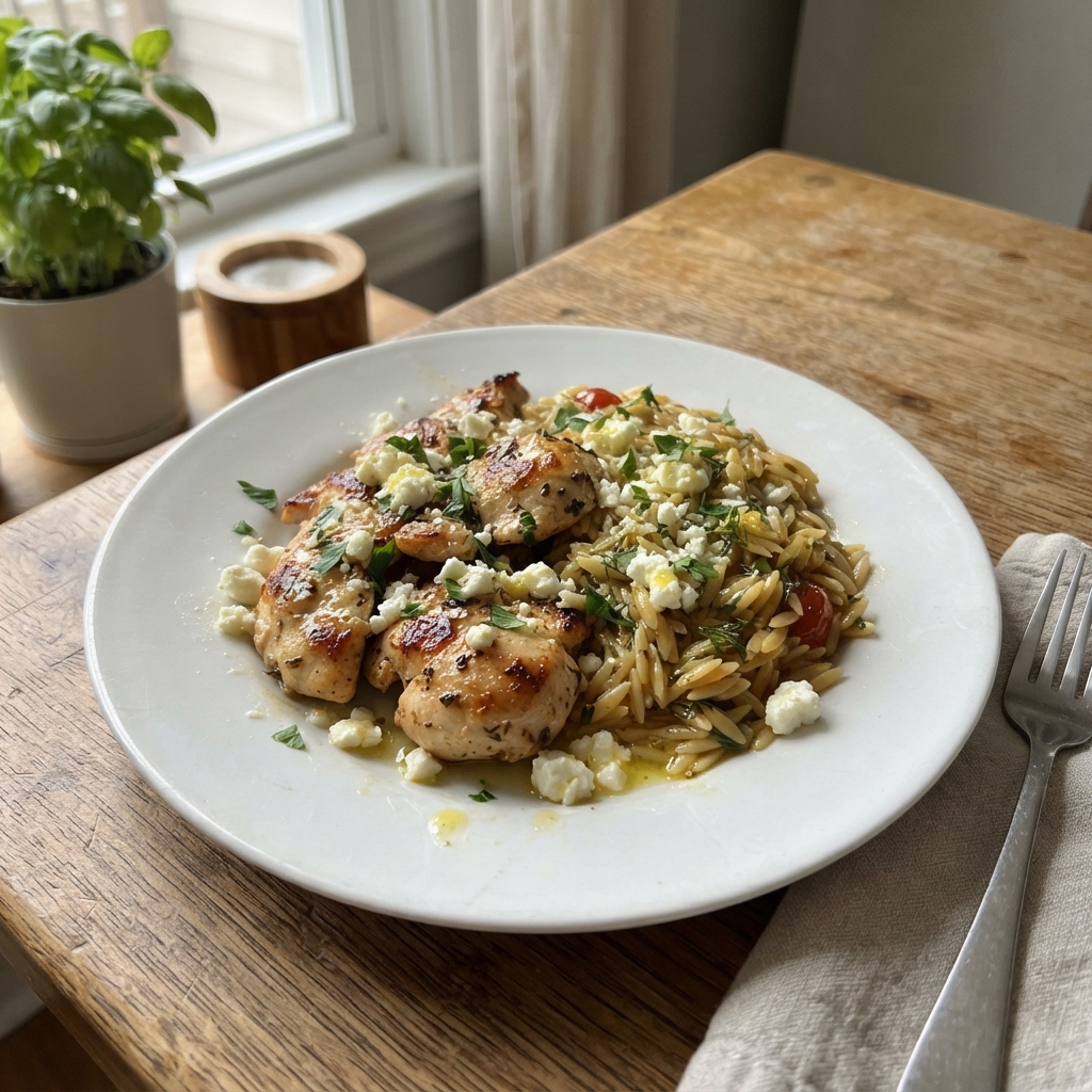 Easy Mediterranean Lemon Chicken and Orzo Skillet