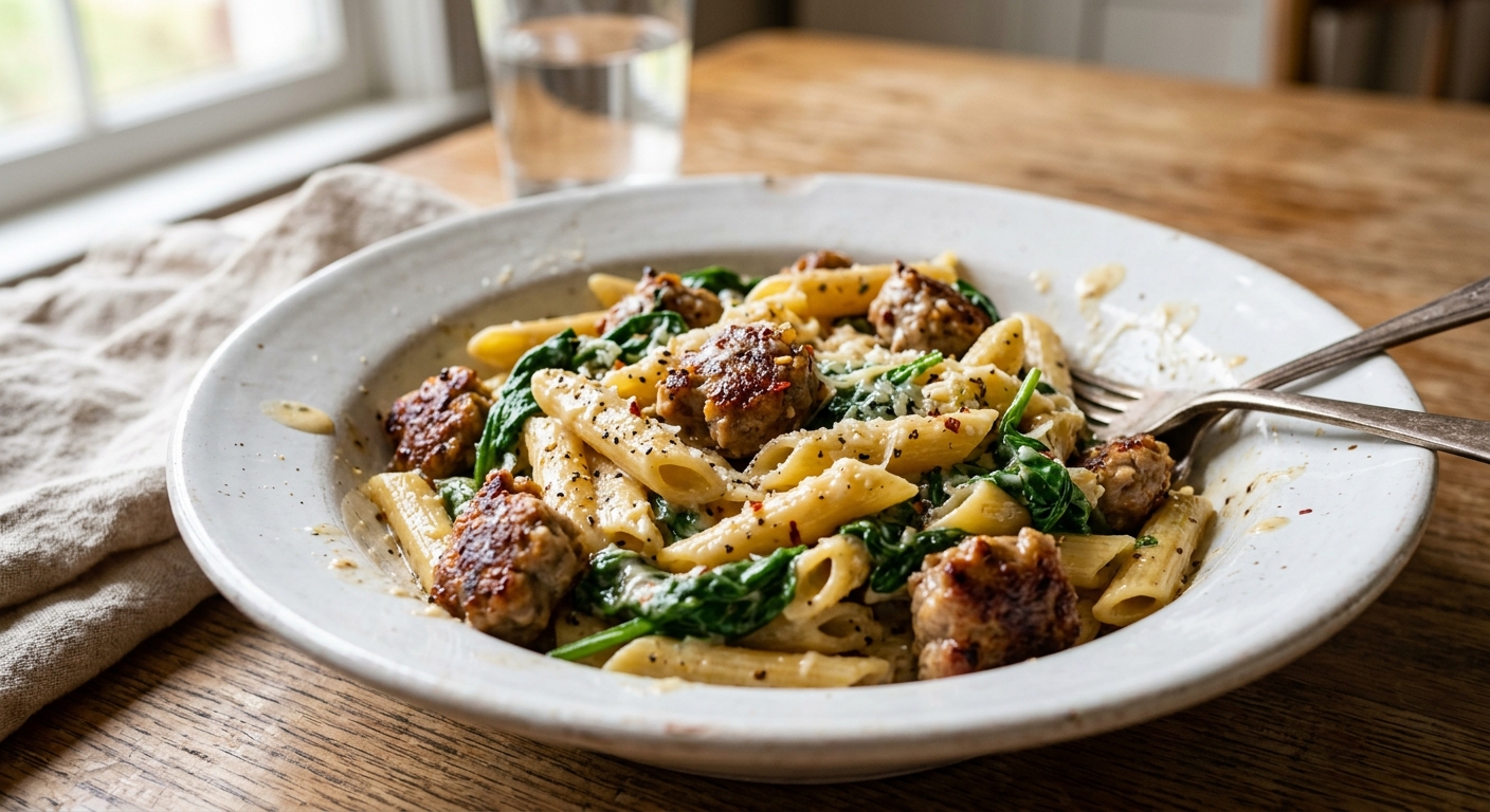 One-Pan Creamy Sausage and Spinach Pasta