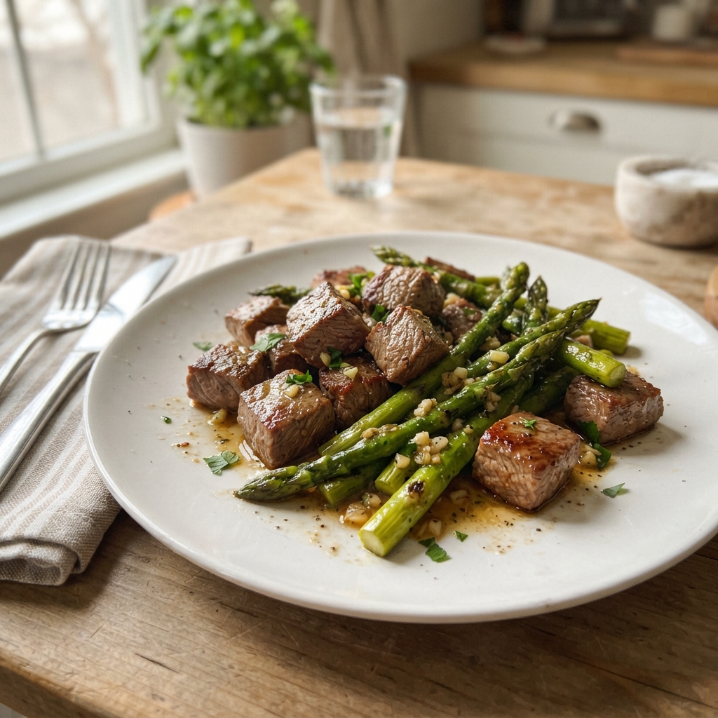 One-Pan Garlic Butter Steak Bites and Asparagus