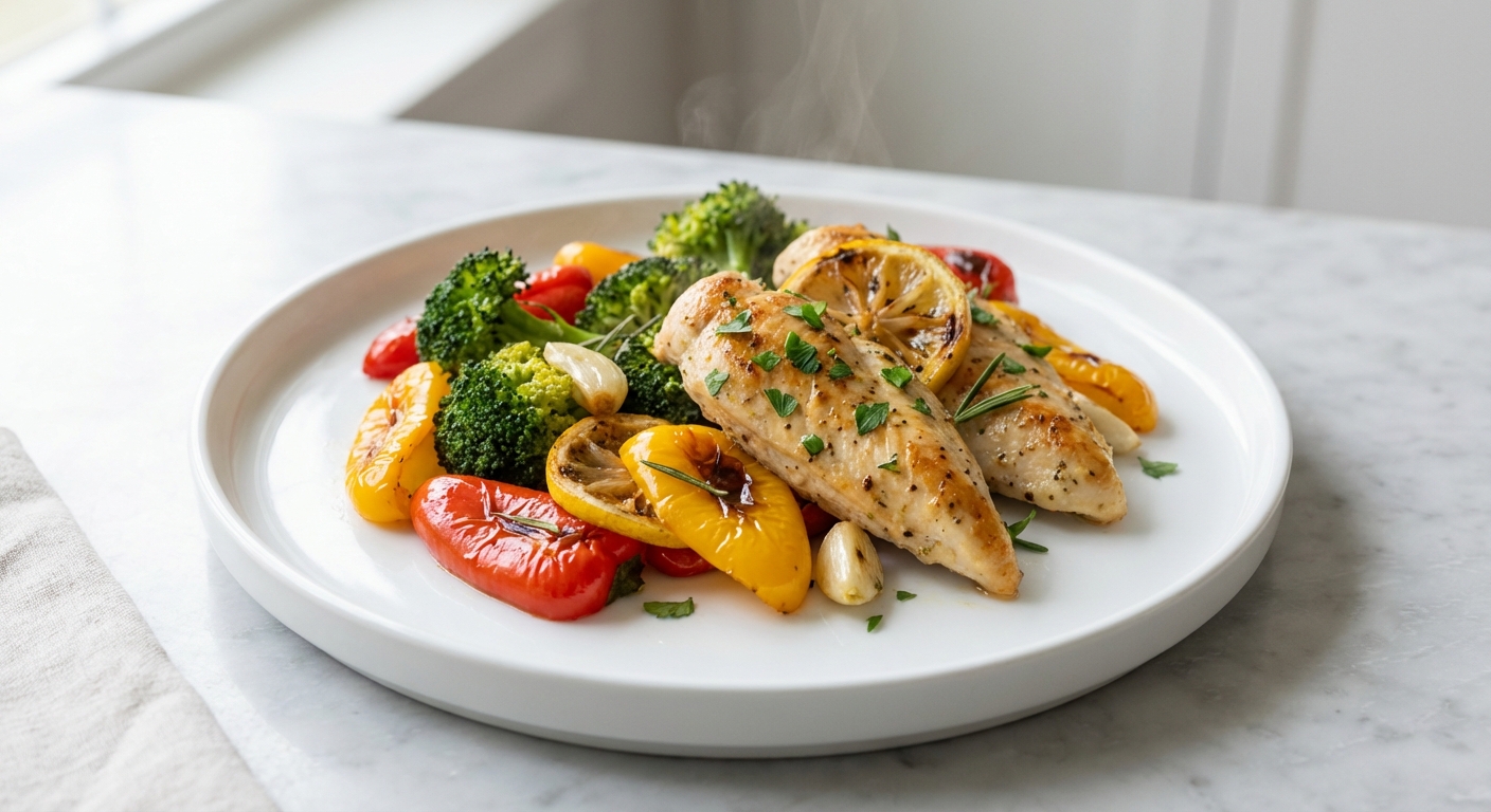 One-Pan Roasted Lemon Garlic Chicken and Rainbow Veggies