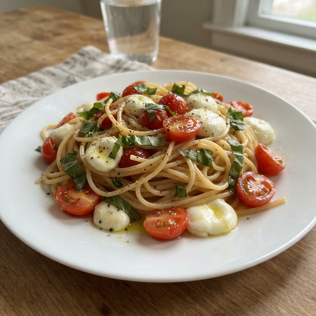 No-Cook Tomato Basil Mozzarella Pasta