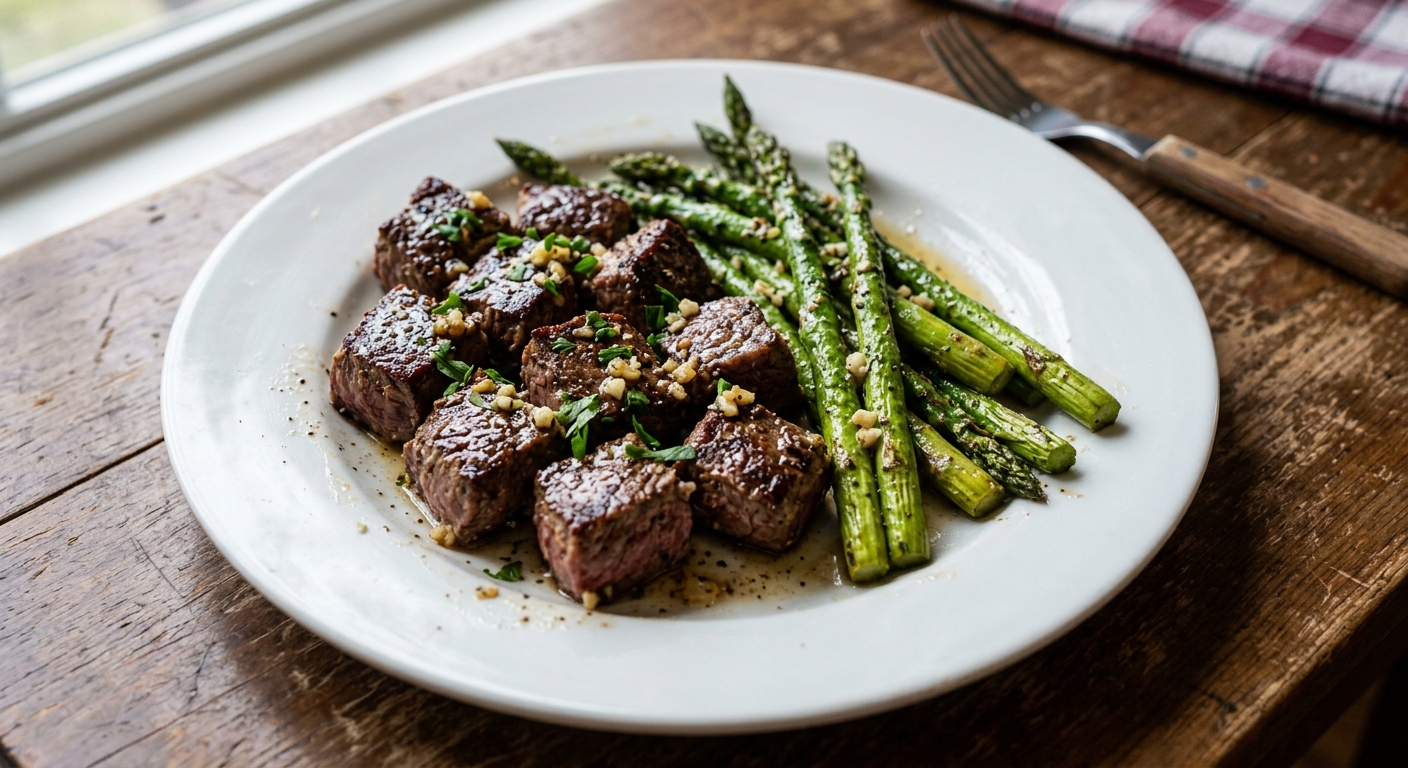 One-Pan Garlic Butter Steak Bites and Asparagus