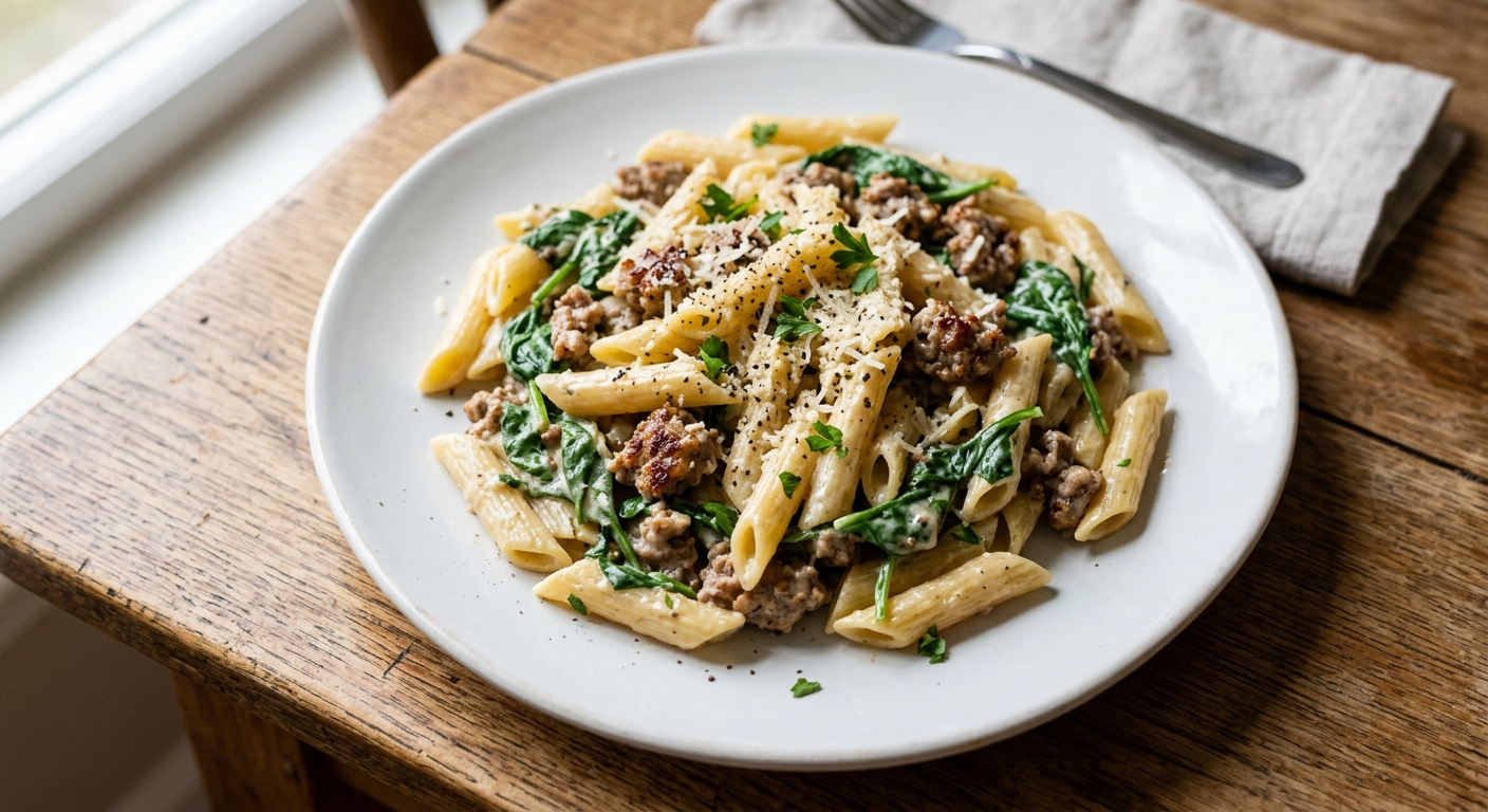 Creamy One-Pan Sausage and Spinach Pasta