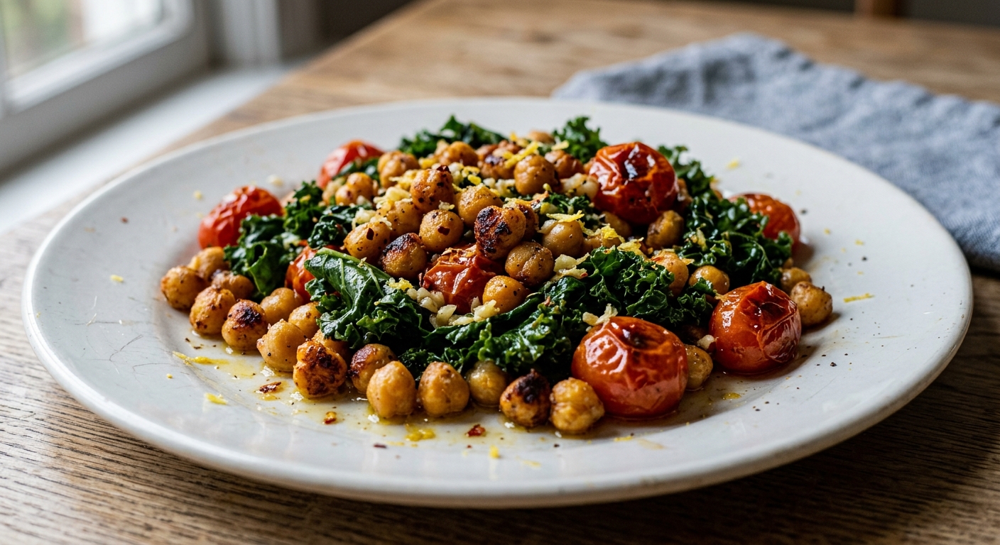 One-Pan Lemon Garlic Chickpea and Kale Skillet