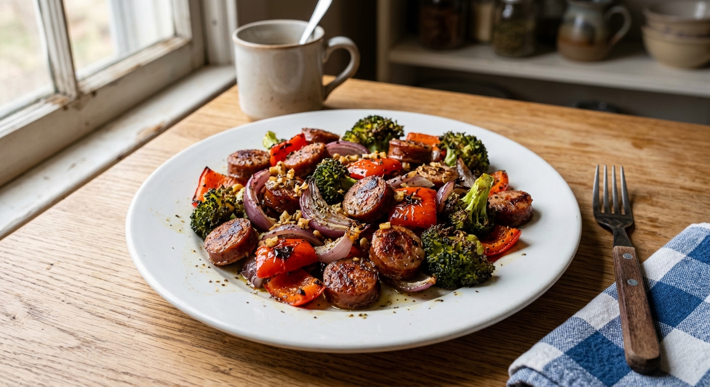 One-Pan Garlic Butter Sausage and Veggie Roast