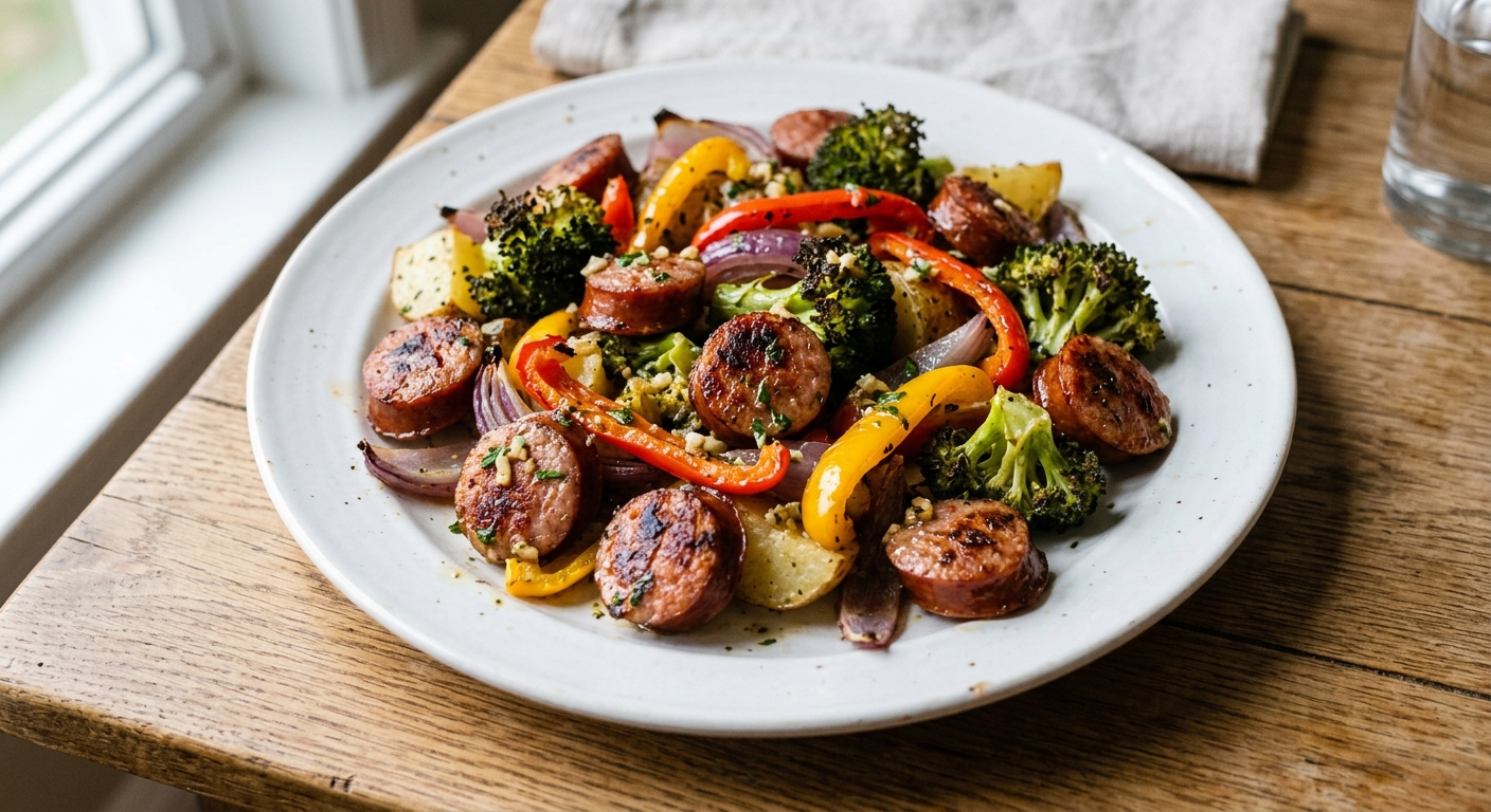 One-Pan Garlic Butter Sausage and Veggie Roast