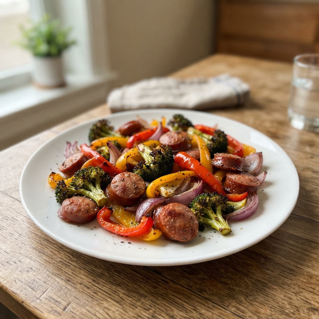 Crispy Sheet Pan Roasted Seasonal Vegetables and Sausage