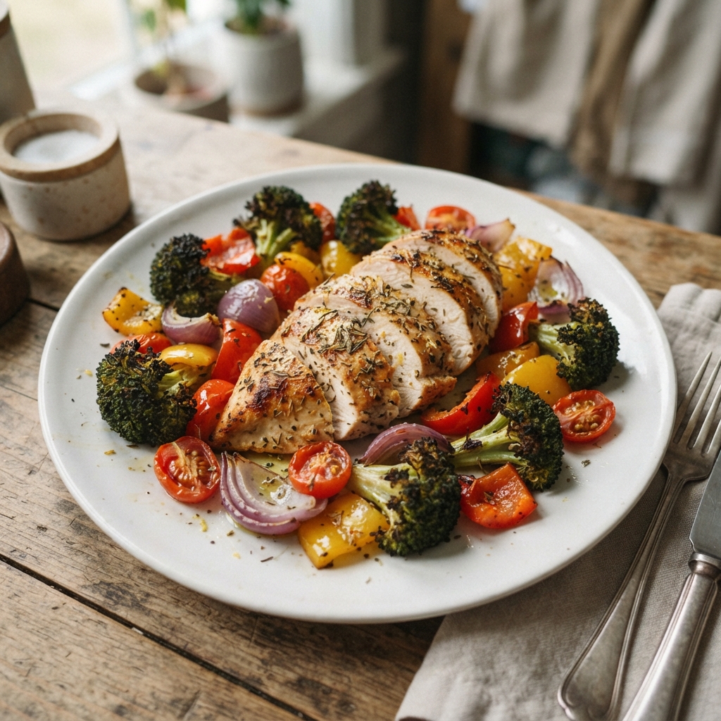Sheet Pan Roasted Harvest Vegetables with Lemon-Herb Chicken