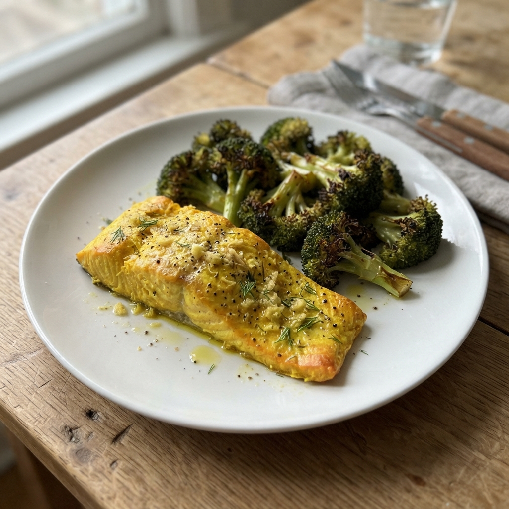 Turmeric Ginger Salmon and Broccoli Sheet Pan