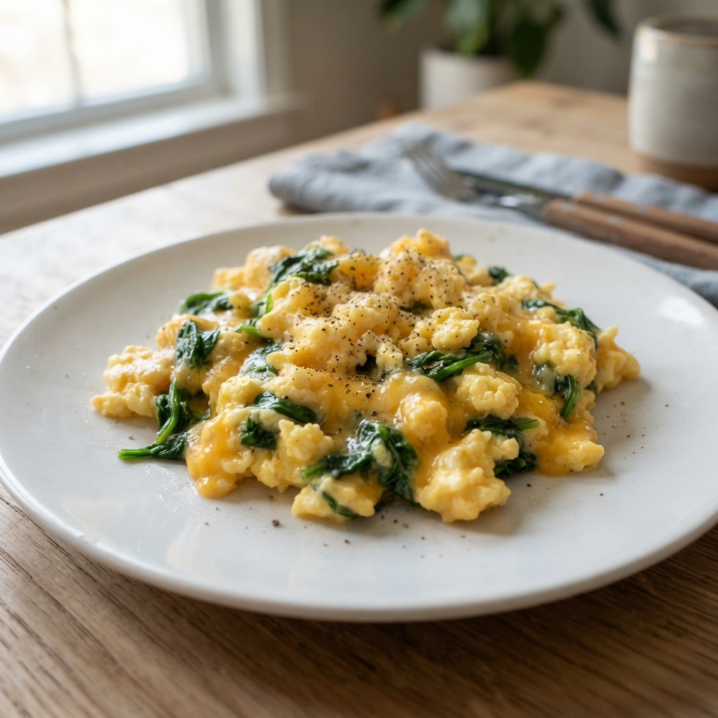 Quick Cheesy Egg and Spinach Scramble