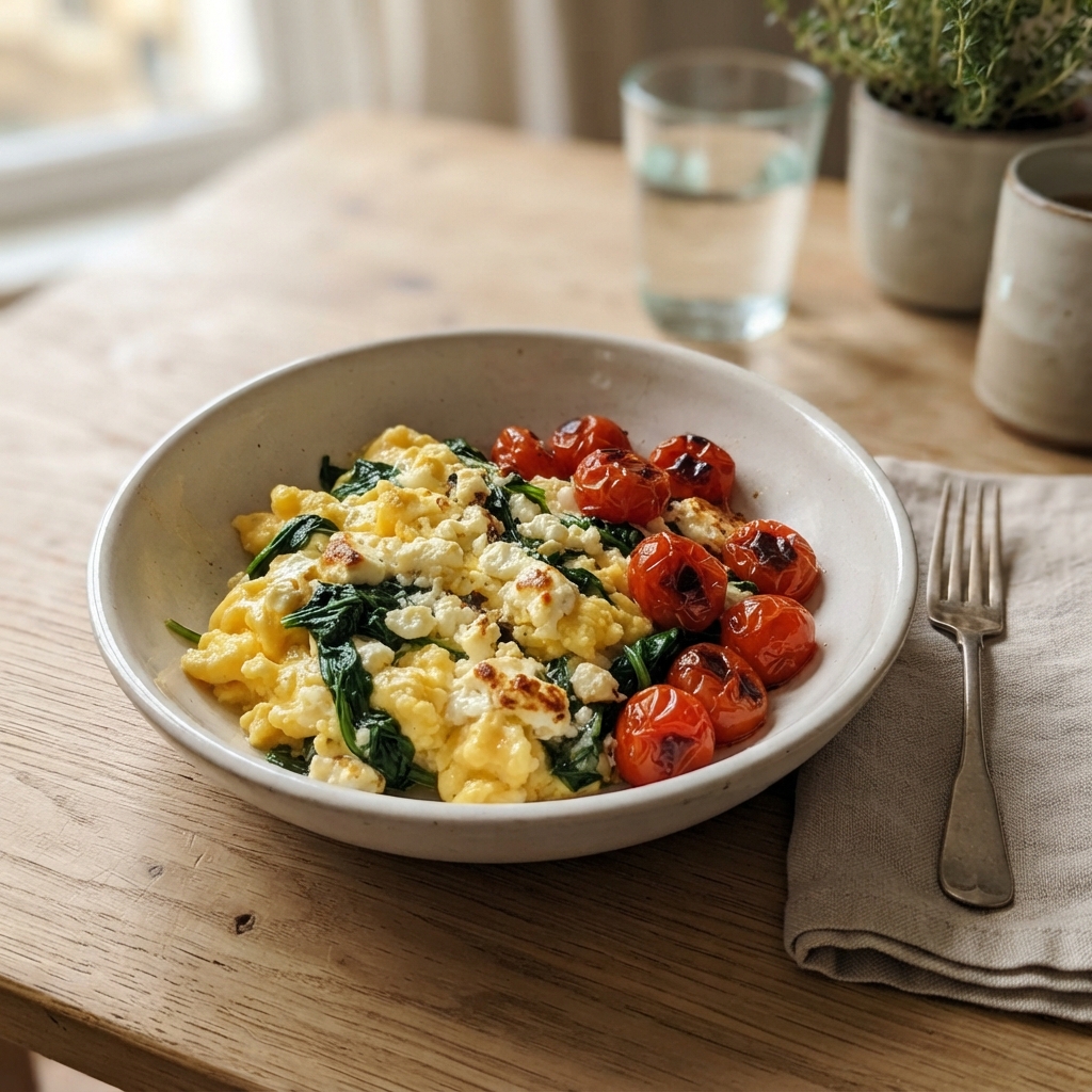 One-Pan Spinach and Feta Scrambled Egg Bowl