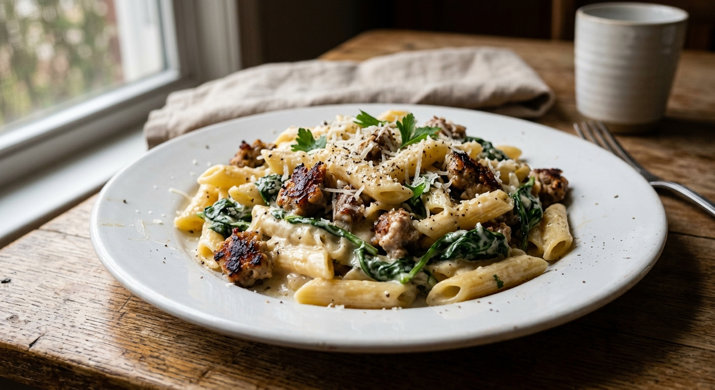 Creamy One-Pan Sausage and Spinach Pasta