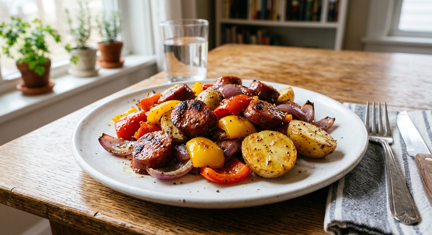 One-Pan Maple Mustard Sausage and Veggies