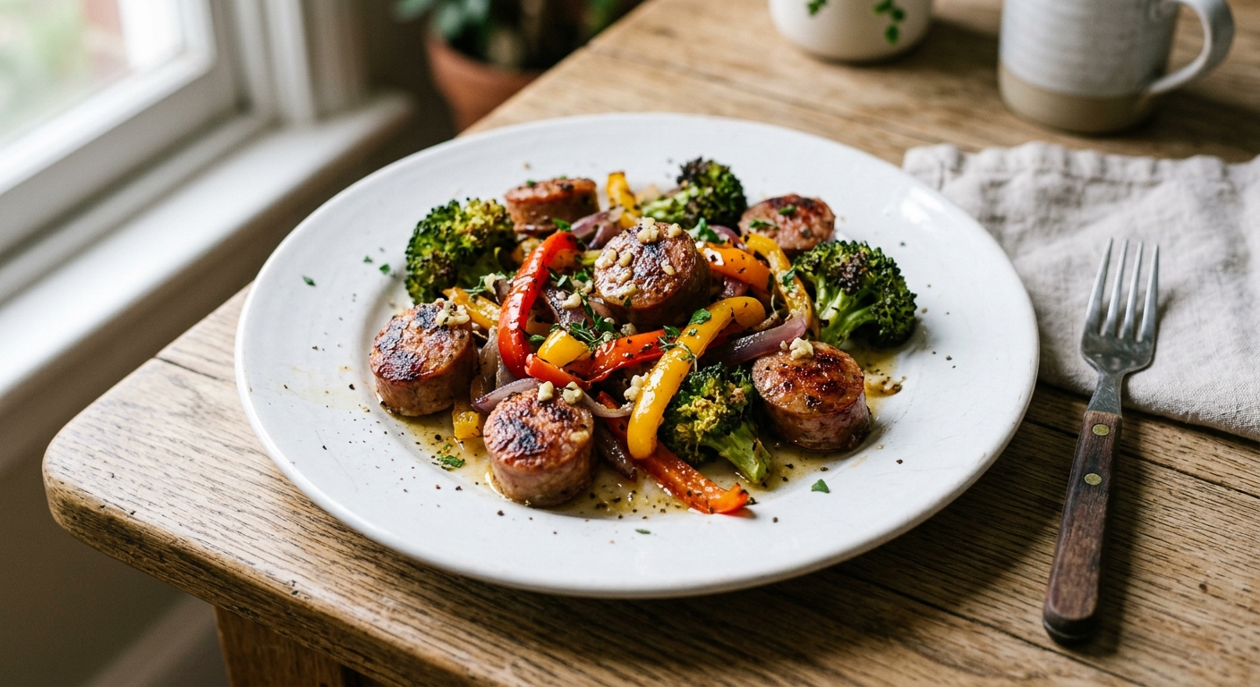 One-Pan Garlic Butter Sausage and Veggie Roast