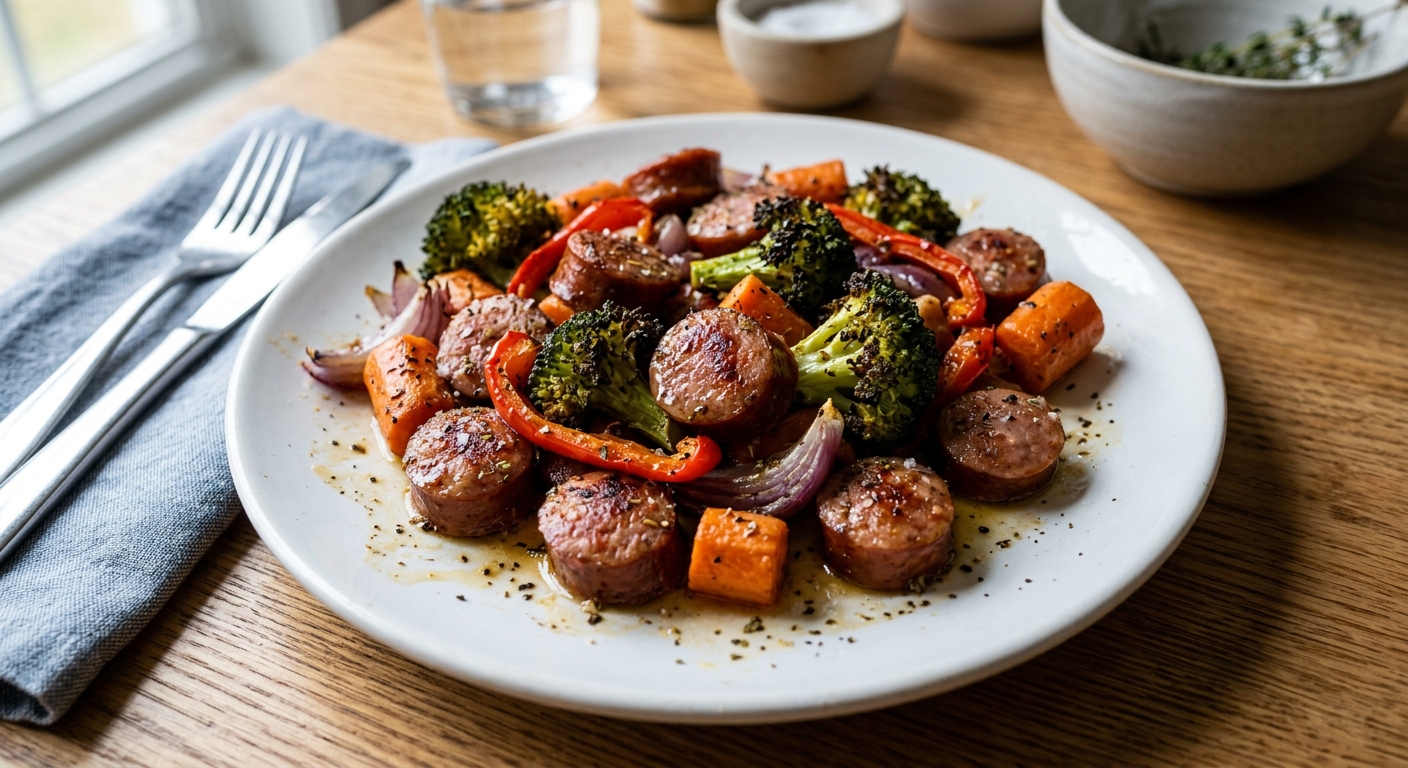 One-Pan Garlic Butter Sausage and Veggie Roast