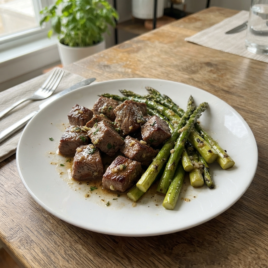One-Pan Garlic Butter Steak Bites and Asparagus