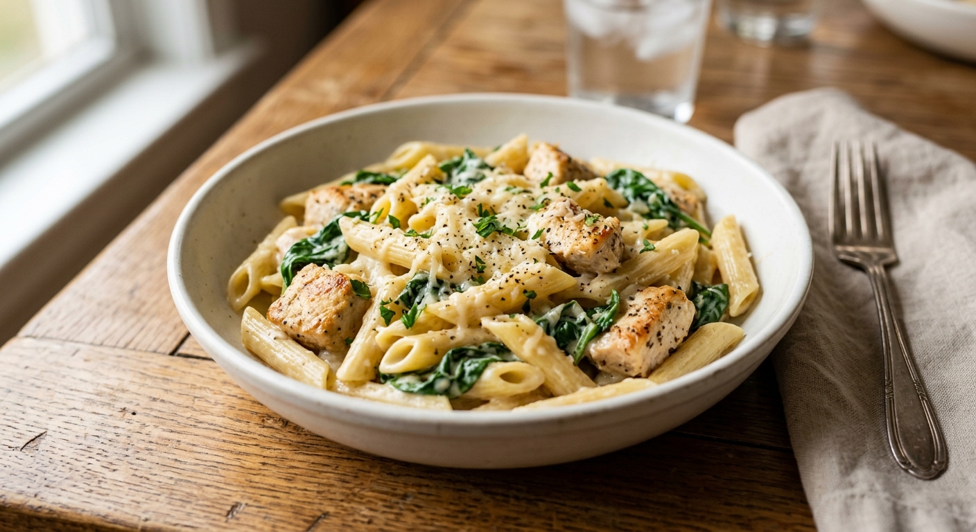 One-Pan Creamy Garlic Chicken and Spinach Pasta