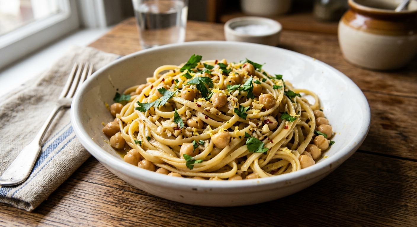 One-Pan Lemon Garlic Chickpea Pasta