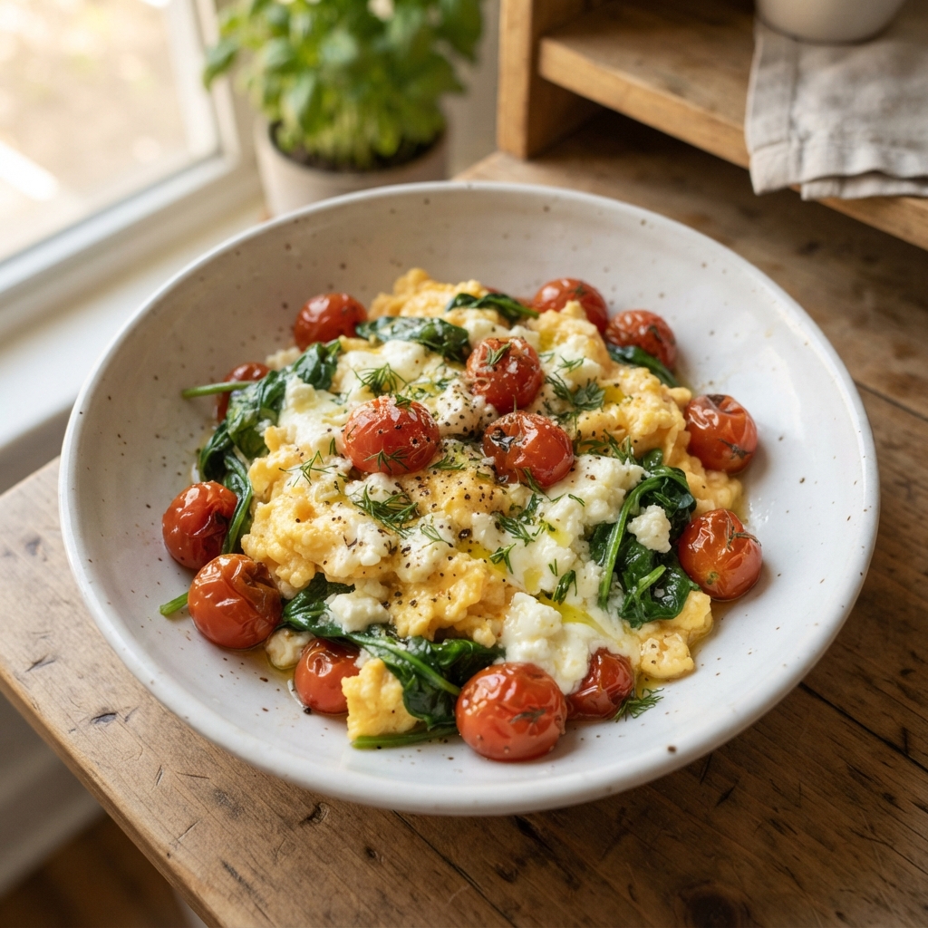 One-Pan Spinach and Feta Scrambled Egg Bowl