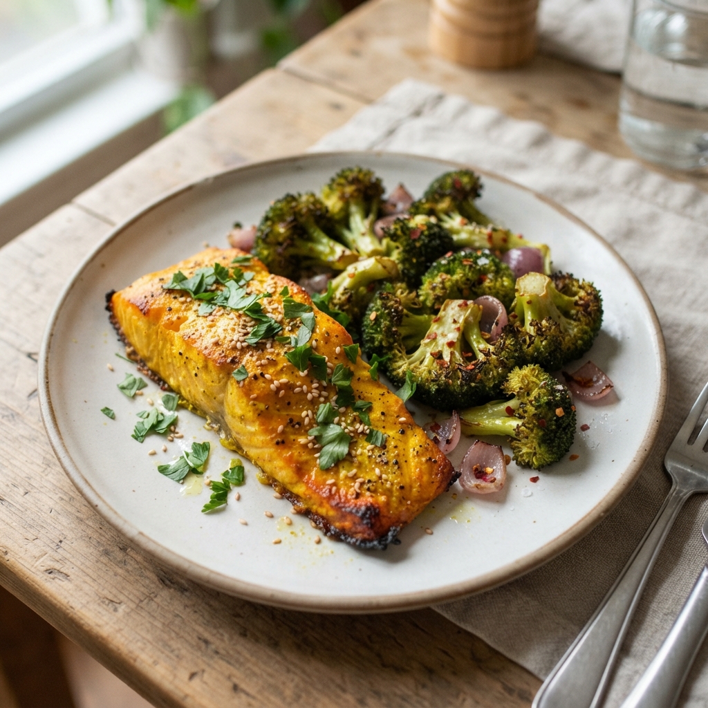 Turmeric Ginger Salmon and Broccoli Sheet Pan