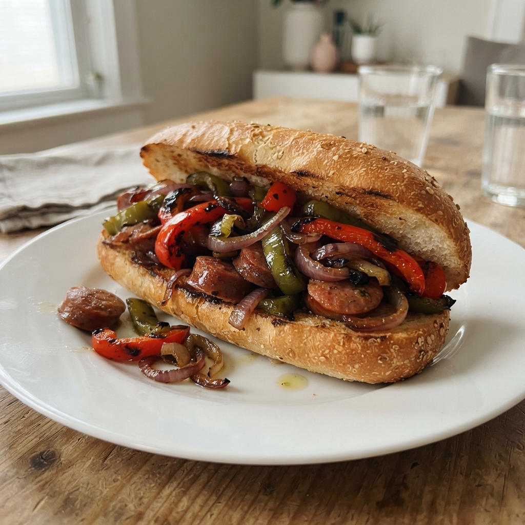 One-Pan Sheet Pan Sausage and Pepper Hoagies