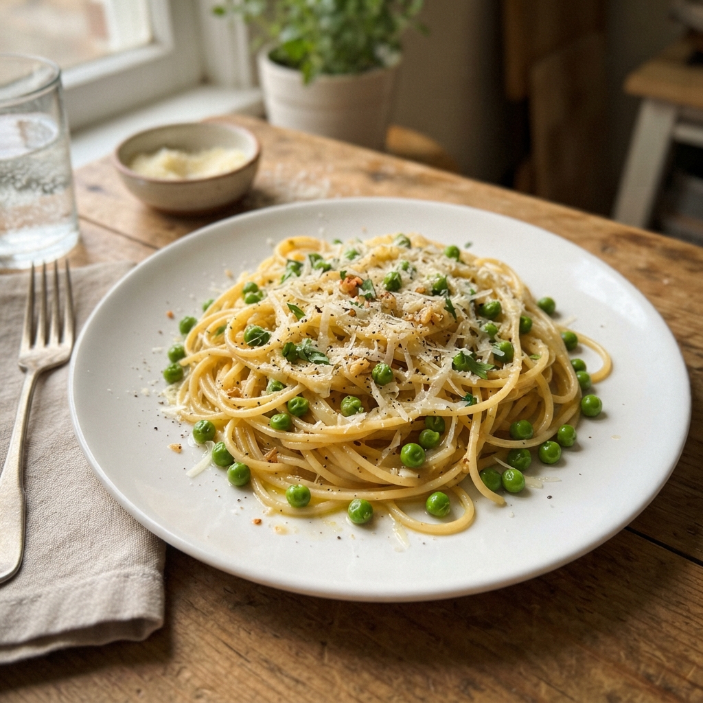One-Pan Garlic Butter Pasta with Peas and Parmesan
