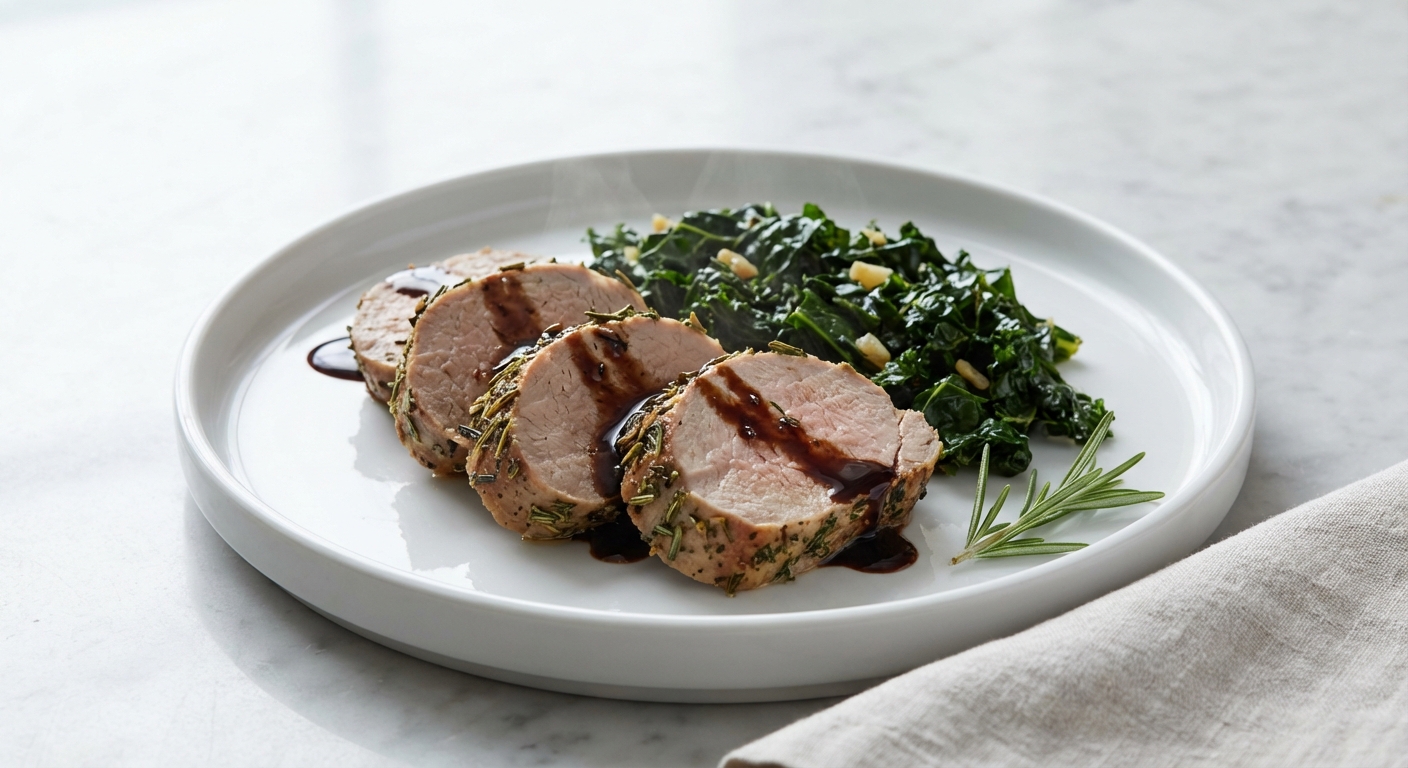 Herb-Crusted Pork Tenderloin with Balsamic Glaze and Sautéed Kale