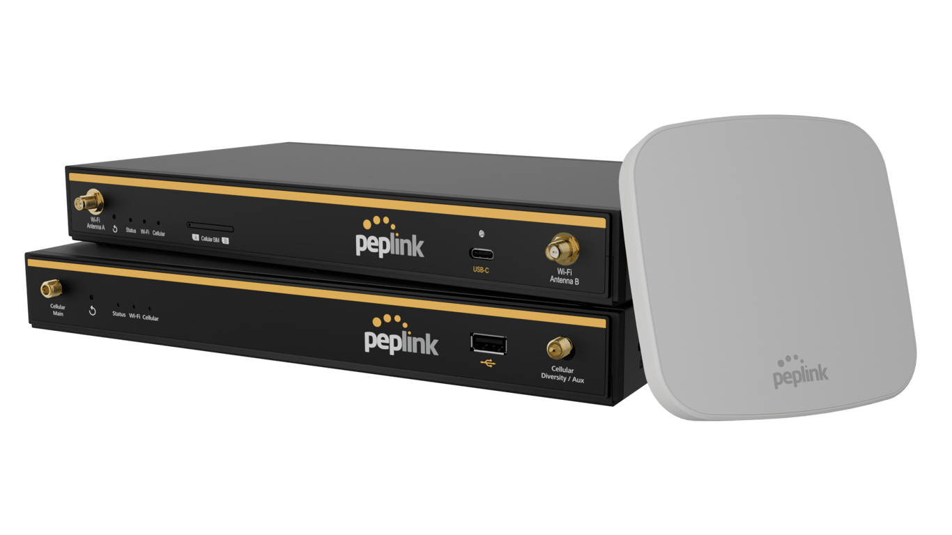 Three stacked black Peplink enterprise branch routers with gold accents, displayed next to a small white square Peplink access point.